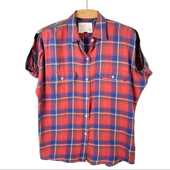 R13 Red Short Sleeved Flannel Plaid Shirt Size M (like Fear of God) - Picture 4 of 10